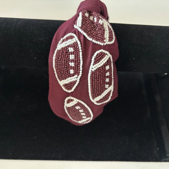 Beaded Football Headband | Game Day Maroon & White Accessory - Picture 3 of 3